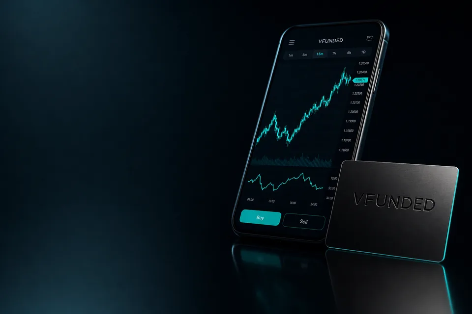 VFunded trading app on a phone next to a black VFunded card